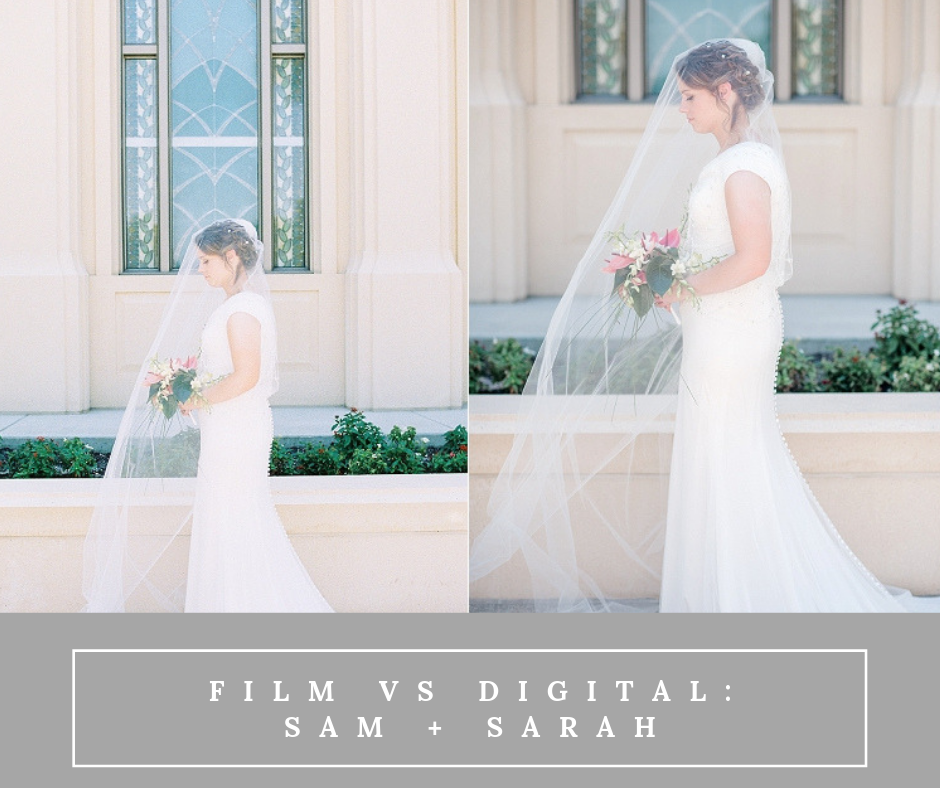 bride in film and digital medium in front of lds temple 