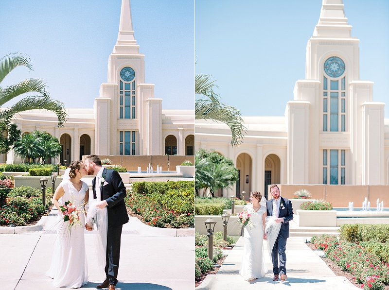 bride and groom walking out of fort lauderdale lds temple in florida