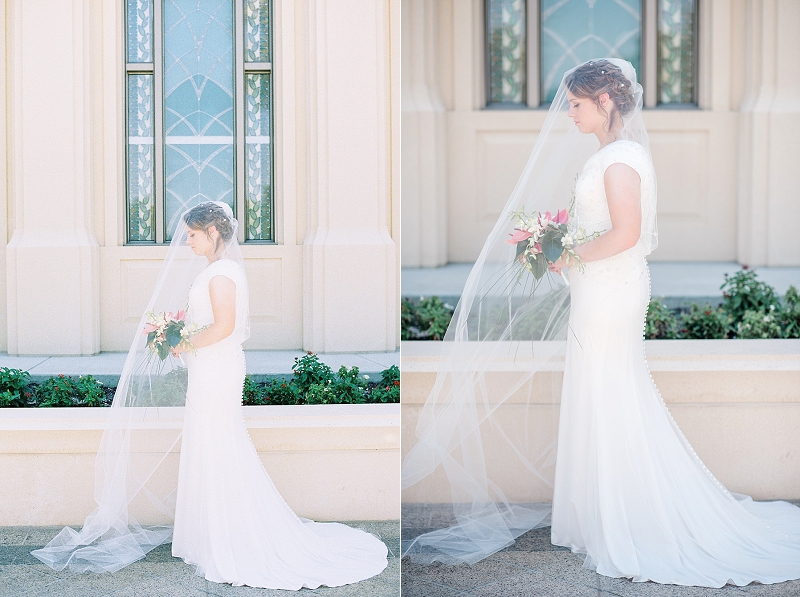 bride with cathedral veil at fort lauderdale lds temple