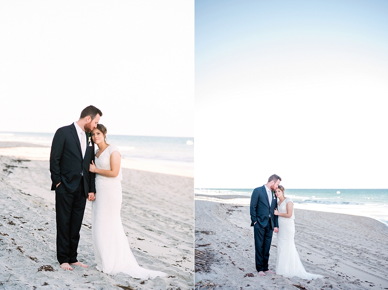 bride and groom on the beach in the early evening