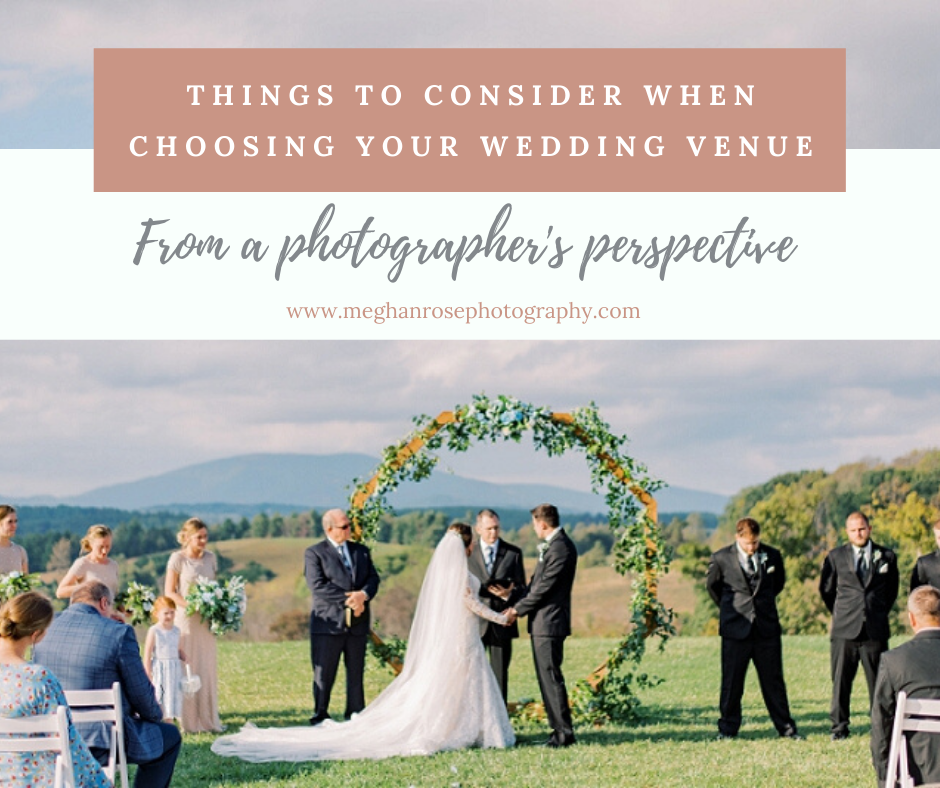 Wedding ceremony photography at an outdoor venue with scenic mountain background by Meghan Rose Photography.